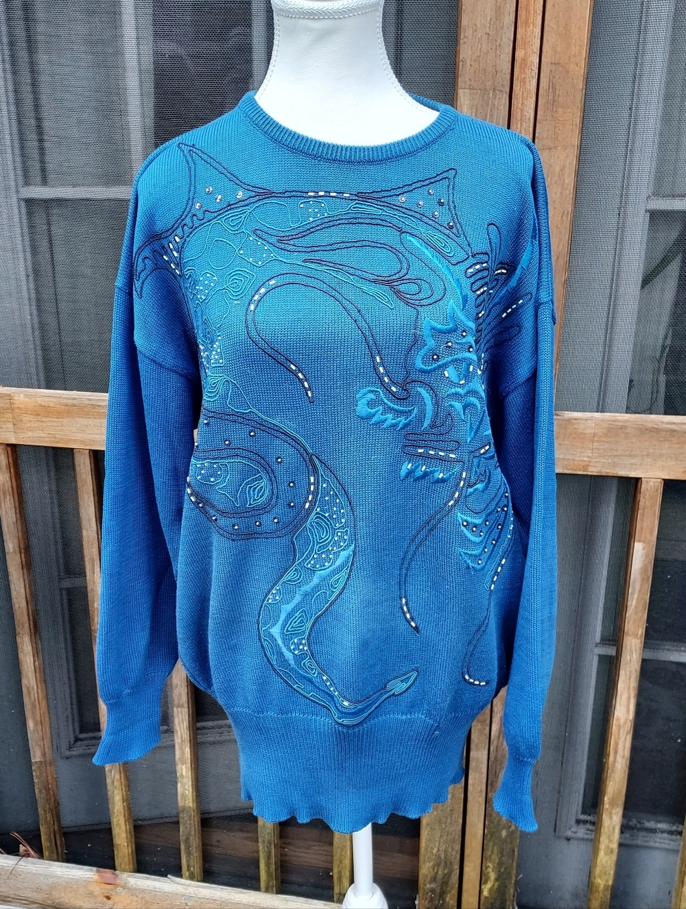 Vintage 80s ESCADA by Margaretha Ley Lapis Blue Cotton Embellished Pullover